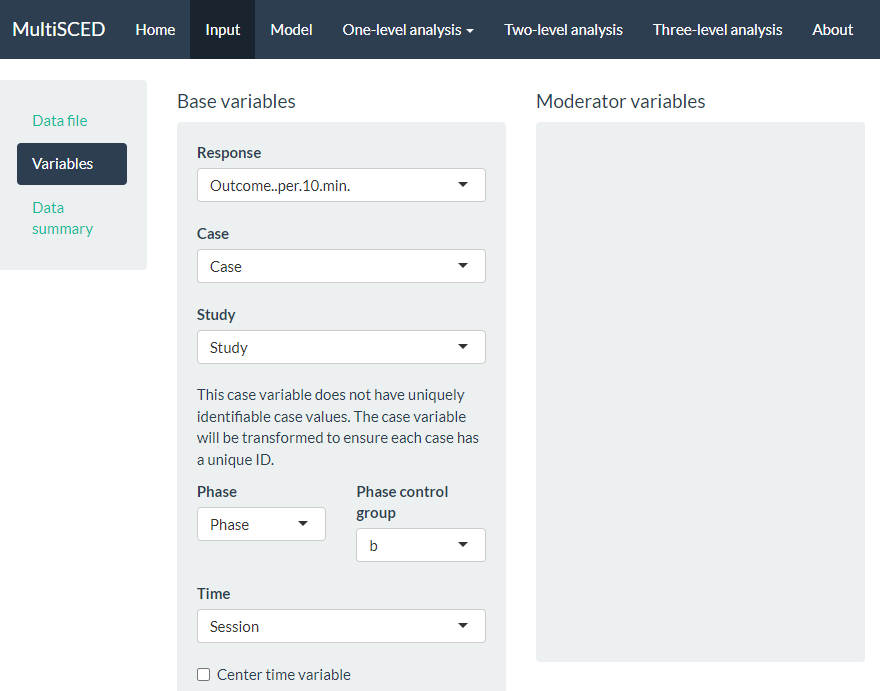 Screenshot of the Variables Section on the Input Page of the MultiSCED App