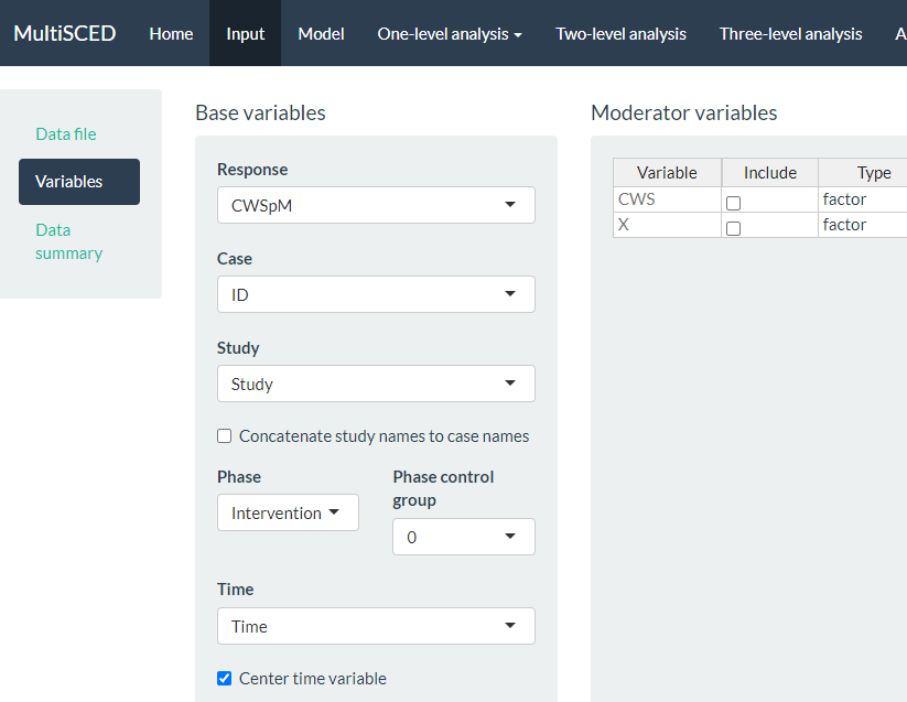 Screenshot of the Variables Section Within the Input Page of the MultiSCED App