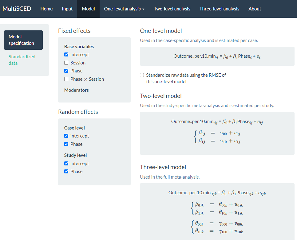 Screenshot of the Model Specification Section of the Model Page of the MultiSCED App