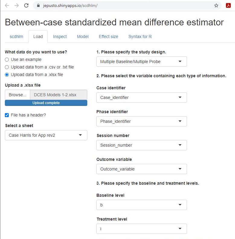 Between-Case Standardized Mean Difference Estimator (scdhlm, v. 0.6.0) Load Tab