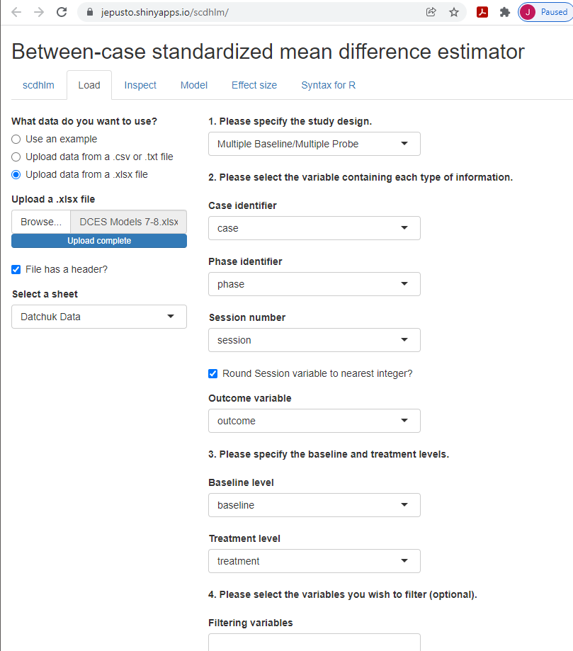 Between-Case Standardized Mean Difference Estimator (scdhlm, v. 0.6.0) Load Tab for Datchuk (2016)