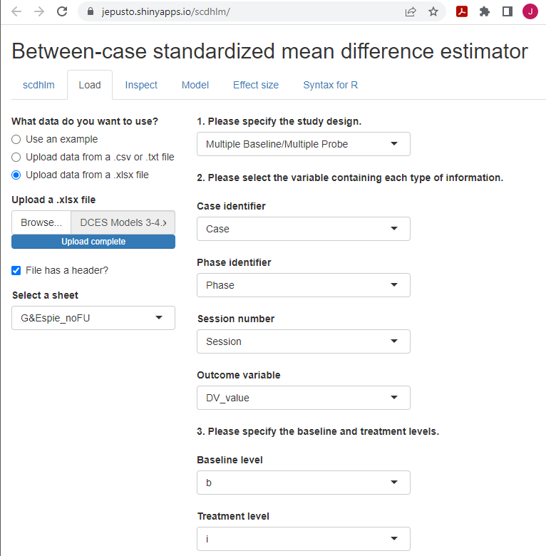 Between-Case Standardized Mean Difference Estimator (scdhlm, v. 0.6.0) Load Tab for Gunning \& Espie (2003)